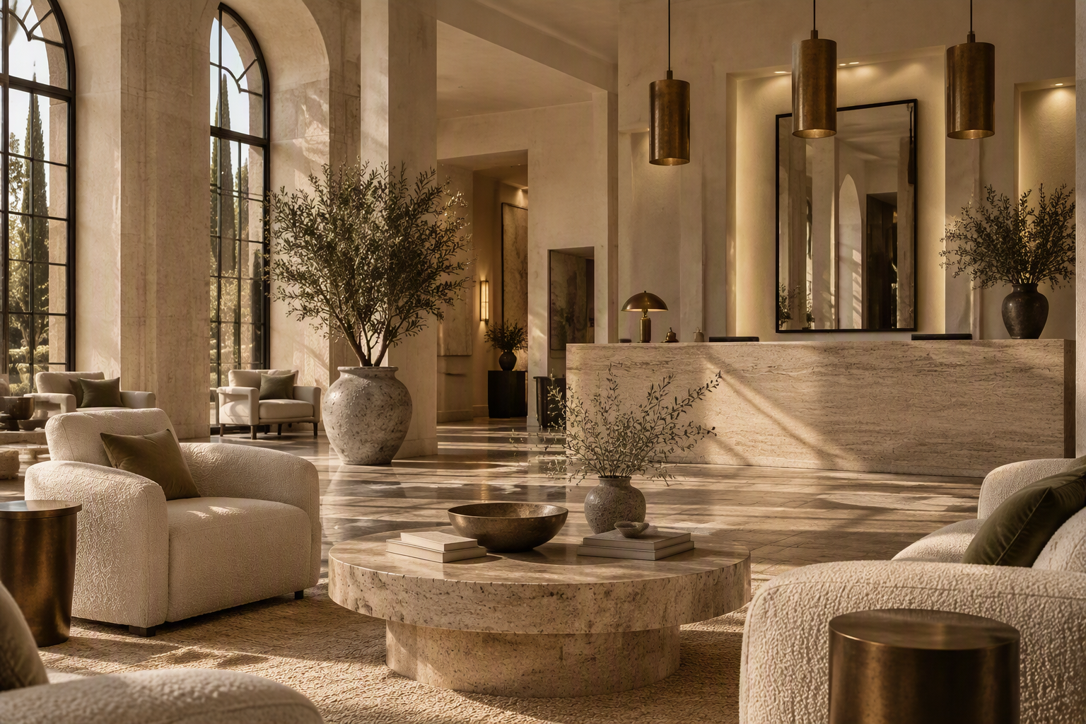 Hotel lounge with velvet armchairs