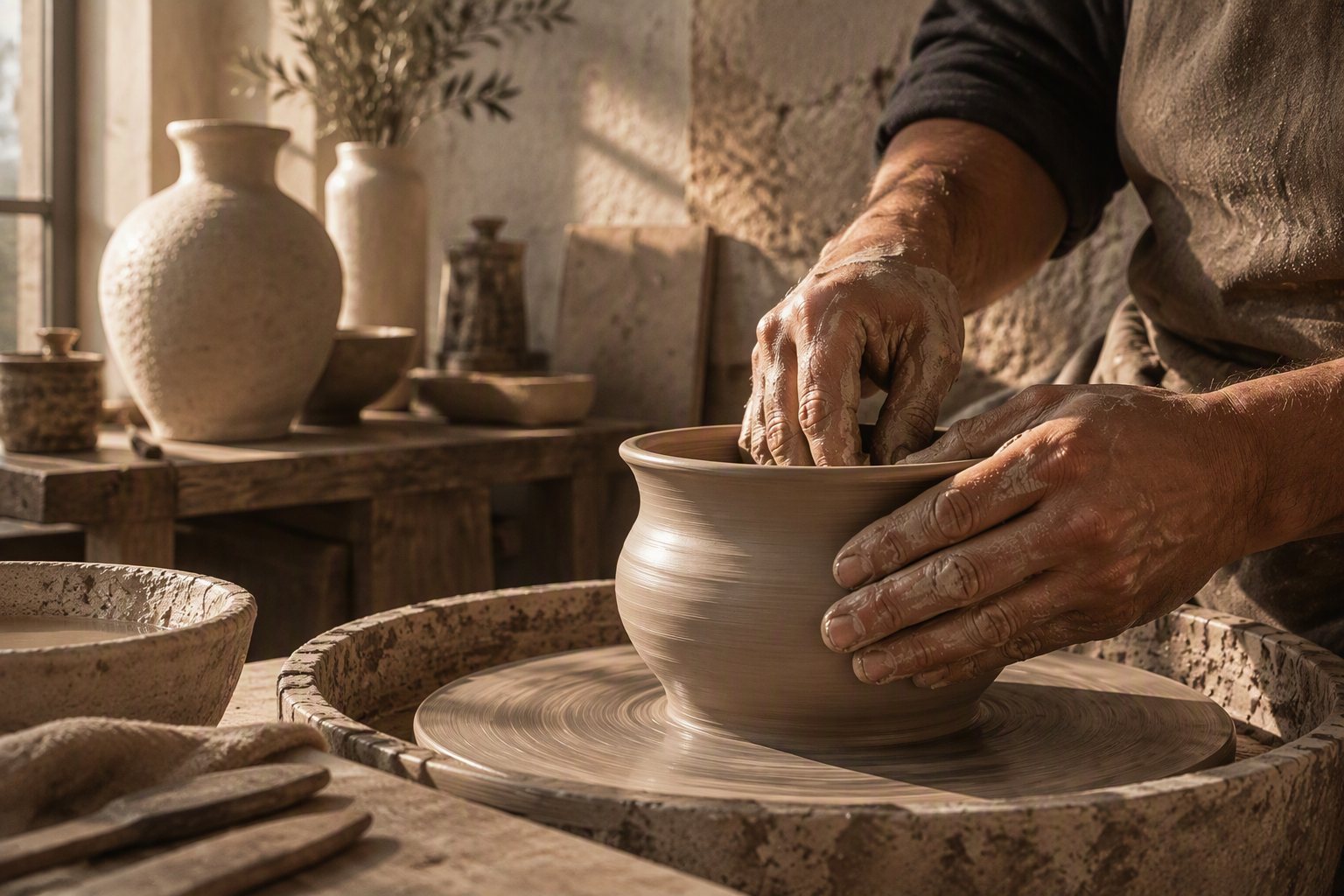 Artisan shaping a ceramic vessel on the wheel