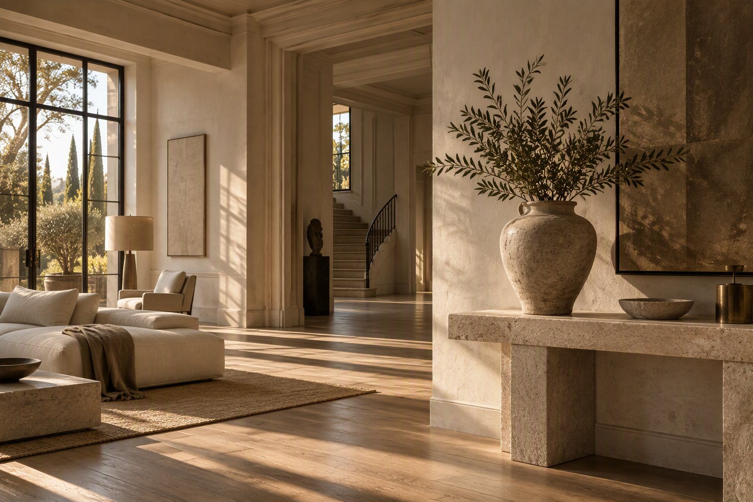 Villa interior with stone console and ceramic vessel