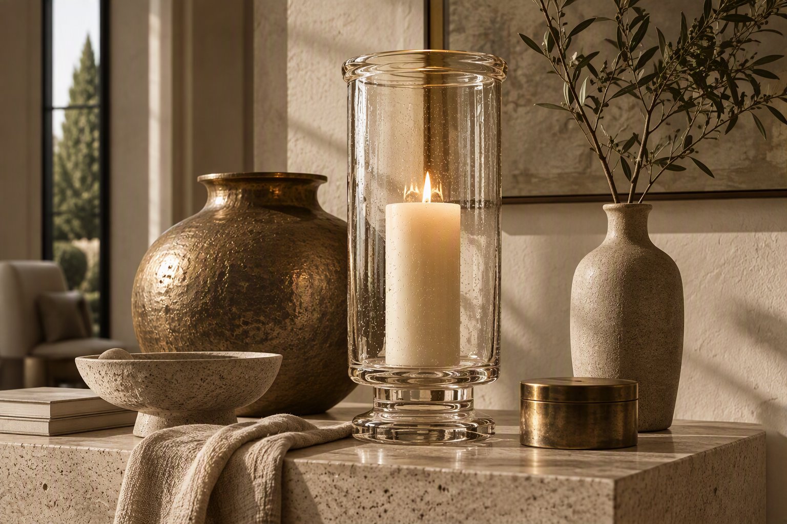 Still life of ceramic, glass and brass objects